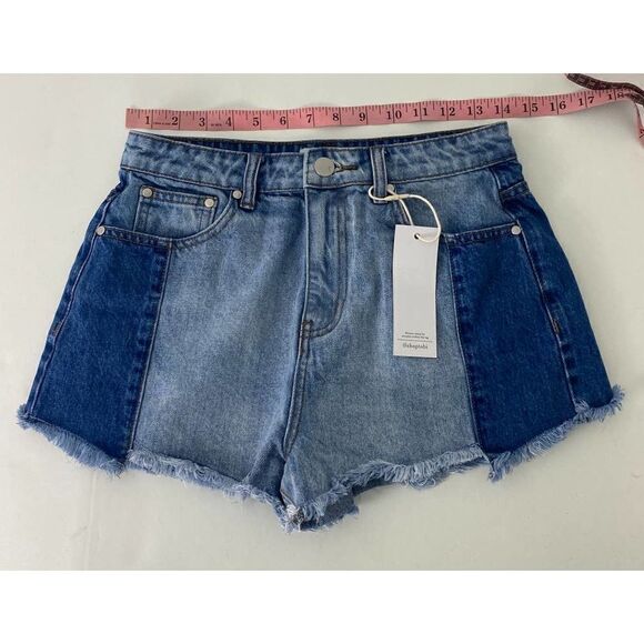 TOBI High Rise Two-Tone Denim Jean Shorts Fringe Shortie High Waist - Si… - Picture 4 of 7